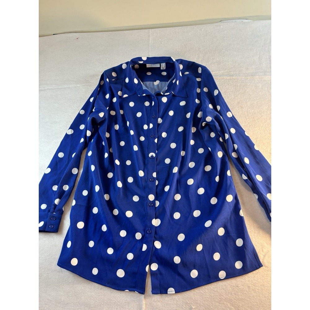 Susan Graver Women's S Blue Polka Dot Stretch‎ Peachskin Button-Front Big Shirt
